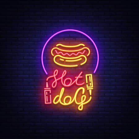 Hot dog logo in neon style design template. Hot dog neon signs, light banner, neon symbol fast food emblem, American food, bright night advertising. Vector illustrationのイラスト素材