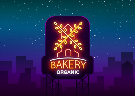 Bakery organic logo, fresh bread, loaf. Vector illustration on bakery, baking, confectionery. Natural baking. Neon sign, vivid advertising, luminous symbol for your projects.のイラスト素材