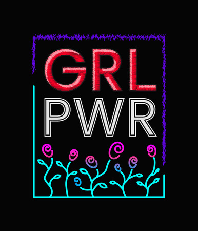 Girls Power Slogan Print Embroidery T-shirt. Feminist slogan, Rock print. Fashionable slogan with roses.のイラスト素材
