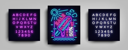 Summer sale neon sign. Design template typography poster Summer Sales, Ice Cream Neon, Fashion, Summer Discount, Neon Brochure, Light Banner, Advertising. Vector illustration. Editing text neon signのイラスト素材
