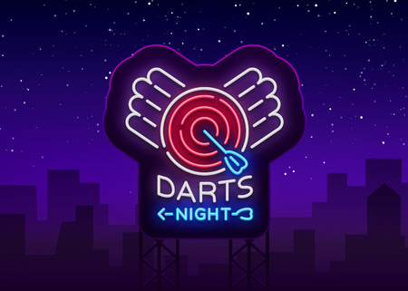 Darts neon sign. Vector illustration. Bright nightly Darts advertising, neon logo, symbol, lightweight banner, design template for your projects. Billboard.のイラスト素材