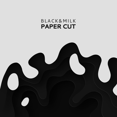 3D layers of paper cut the background of milk. Abstract paper carving art background design in black and white template site. Vector design layout for business presentations posters and invitations.のイラスト素材