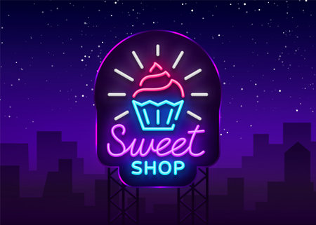 Sweet Shop logo is neon style. Candy Shop neon sign, banner light, bright neon night sweets advertising. Design template for your projects. Vector illustration. Billboardのイラスト素材