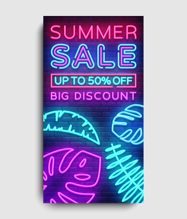 Summer Sale vertical banner design template vector. Neon sign, modern trend design, neon style webbanner, bright neon advertizing. Vector illustrationのイラスト素材