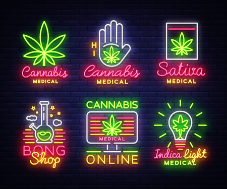 Marijuana Medical Logos Big collection Neon Vector. Design Concept Cannabis Online, Bong Shop, Indica, Sativa, storing and growing cannabino medical equipment, light banner. Vector illustrationのイラスト素材