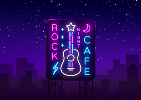 Rock Cafe Logo Neon Vector. Rock Cafe Neon Sign, Concept with guitar, Bright Night Advertising, Light Banner, Live Music, Karaoke, Night Club, Neon Signboard, Design Element. Vector. Billboardのイラスト素材