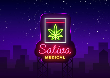 Marijuana Medical Logo Neon Vector. Sativa Medical, Marijuana smoking, storage and cultivation of cannabino medical equipment, light banner, design template. Vector illustration. Billboardのイラスト素材