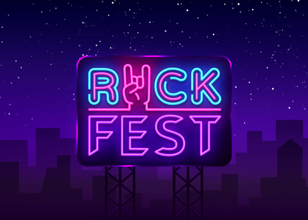 Rock Fest logo in neon style. Rock Festival neon night sign, design template vector illustration for Rock Festival, Concert, Live music, Light banner. Vector illustration. Billboard.のイラスト素材