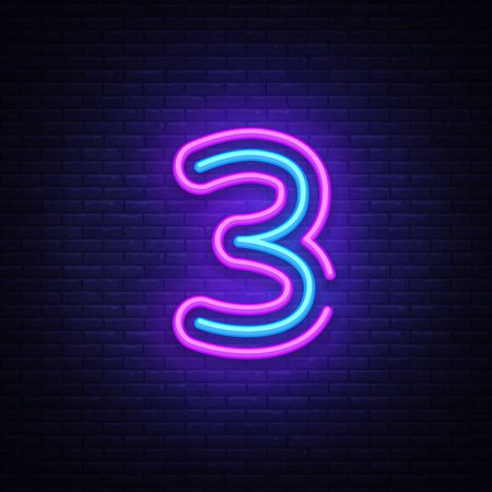 Number three symbol neon sign vector. Third, Number three template neon icon, light banner, neon signboard, nightly bright advertising, light inscription. Vector illustration.のイラスト素材