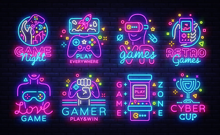 Big Collection Video Games Logos Vector Conceptual Neon Signs. Video Games Emblems Design Template, modern trend design, bright vector illustration, promotional games, light banner. Vectorのイラスト素材