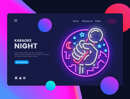 Karaoke Neon Horizontal Web Banner Vector Live Music Advertising