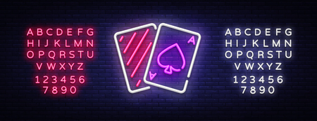 Poker neon sign vector. Casino Poker Design template neon sign, light banner, neon signboard, nightly bright advertising, light symbol. Vector illustration. Editing text neon signのイラスト素材
