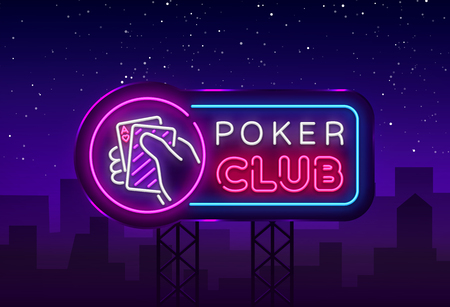 Poker neon sign design vector template. Casino Poker Night Logo, Bright Neon Signboard, Design Element for Casino, Gambling Neon, Bright Night Advertising. Vector Illustration. Billboard.