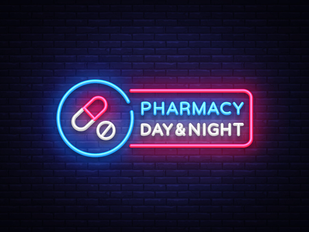 Pharmacy neon signboard vector. Medical neon glowing symbol, Light Banner, neon icon, design element. Vector illustrationのイラスト素材
