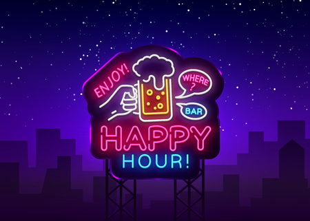 Happy Hour neon sign vector. Happy Hour Design template neon sign, Night Dinner, celebration light banner, neon signboard, nightly bright advertising, light inscription. Vector Billboardsのイラスト素材