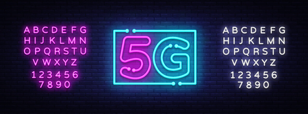 5G new wireless internet wifi connection neon sign vector. 5G Design template neon sign, light banner, neon signboard, nightly bright advertising, light inscription. Vector. Editing text neon signのイラスト素材