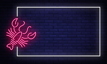 Seafood neon sign vector. Neon Frame Seafood Design template, light banner, night signboard, nightly bright advertising, light inscription. Vector illustrationのイラスト素材