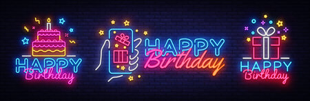 Big collectin neon signs for Happy Birthday. Neon Banner Vector. Happy Birthday neon sign, design template, modern trend design, night light signboard, night bright advertising. Vector illustration.のイラスト素材