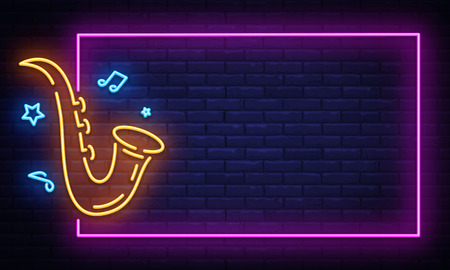 Jazz Music Neon Signboard in Frame Vector. Live music neon sign, design template, modern trend design, night neon signboard, night bright advertising, light banner. Vector illustration.のイラスト素材