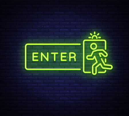 Enter neon sign vector design template. Exit Enter neon signboard, light banner design element colorful modern design trend, night bright advertising, bright sign. Vector illustrationのイラスト素材