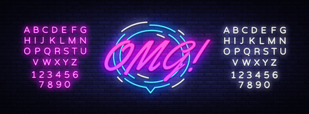 OMG Neon Text Vector. Comic lettering OMG neon sign, design template, modern trend design, night neon signboard, speech bubble, poster and sticker concept. Vector. Editing text neon sign.のイラスト素材
