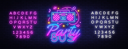 80s Party Neon Sign Vector. Back to the 80s neon design template, modern trend design, night signboard, night bright advertising, light banner, light art. Vector. Editing text neon signのイラスト素材