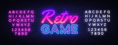 Retro Games neon sign vector. Gaming Design template neon sign, light banner, neon signboard, nightly bright advertising, light inscription. Vector illustration. Editing text neon signのイラスト素材