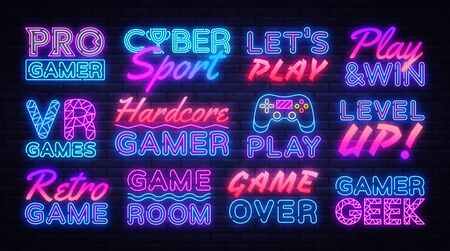Gaming neon signs set design template. Big Collection Game Signs neon, light banner design element colorful modern design trend, night bright advertising, bright sign. Vector illustration.のイラスト素材