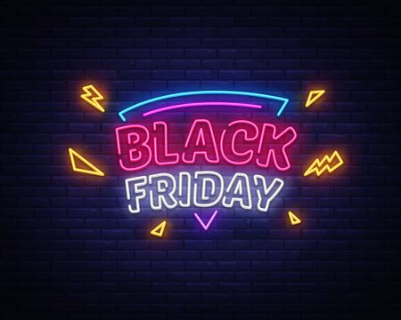 Black Friday Sale neon sign vector. Black Friday Bid discount Design template neon sign, light banner, neon signboard, nightly bright advertising, light inscription. Vector illustration.のイラスト素材