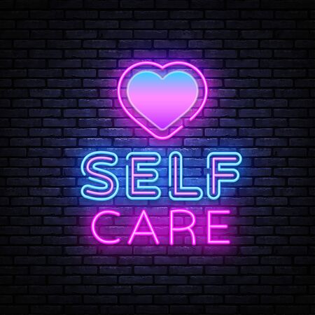 Self Care neon sign vector. Neon Design template, light banner, night signboard, nightly bright advertising, light inscription. Vector illustrationのイラスト素材