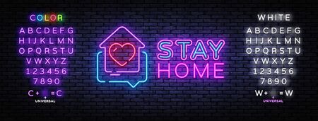 Stay Home Neon Sign. Quarantine coronavirus epidemic illustration for social media, stay home. Heart and home neon icon template. Vector illustration. Editing text neon signのイラスト素材