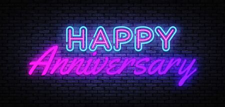 Happy Aniversary neon sign vector. Happy Aniversary Design template neon sign, light banner, nightly bright advertising, light inscription. Vector illustration.のイラスト素材