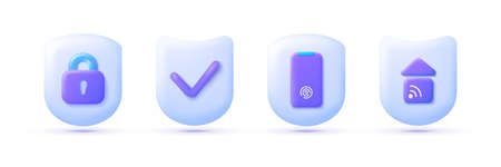 Cyber Security 3d collection. Security 3d cartoon vector illustration. Shield icons. Isolated cartoon vector illustration. Money guarantee. Phone icon setのイラスト素材