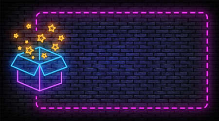 Delight present, surprise neon sign vector. Birthday celebration, special give away package design template neon frame. Night bright advertising, bright sign. Vector illustrationのイラスト素材