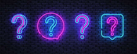 Modern question neon, great design for any purposes. Ask help sign. Blue background. Question neon on light background. Exclamation mark. Vector modern banner. Game frameのイラスト素材