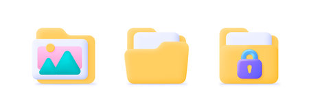 3d folder set for web design. Yellow folder 3d icon. Vector set illustration. 3d vector icon...