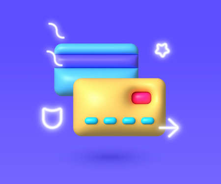 Business card 3d Neon. 3d render illustration. 3d online shopping discount concept. Digital money. Document concept. Credit card icon. Online paymentのイラスト素材