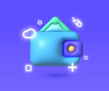 Wallet 3d Neon Vector Illustration. Online banking. Realistic isolated vector. 3d render vector illustrationのイラスト素材