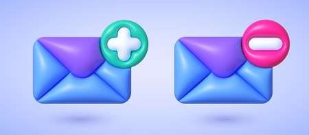 Mail 3d for paper design. Mail Plus and Minus. Render new email notification. Vector illustration designのイラスト素材