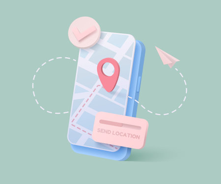 Location map in realistic style on green background. Realistic smartphone mockup. 3d vector illustrationのイラスト素材