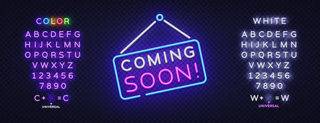 3d Neon Coming Soon for web promotion design. Isolated vector illustrationのイラスト素材