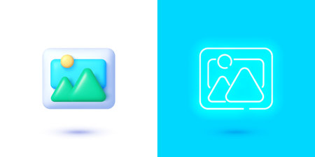 Pictures icon in 3d and neon style. Vector 3d illustrationのイラスト素材