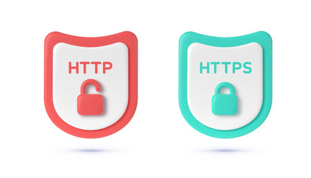 HTTP and HTTPS Protocols. Safe and Secure Wev Browsing. Safety internet technology, data secure. 3d security safe icon. Vector design illustrationのイラスト素材