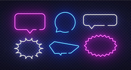 Neon speech bubble in line art style on blue background. Dialog, chat speech bubble. Electric power. Vector designのイラスト素材