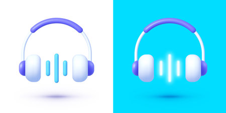 Headphone 3d with neon elements in modern style on white background. Template poster vector illustration. Sound equipment. Vector illustration designのイラスト素材