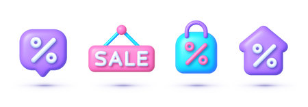Sale set in 3d style. Render shopping symbol for discount concept, sale on goods and e-commerce. Vector icon setのイラスト素材