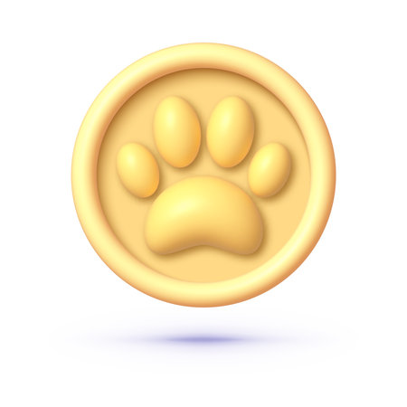 Golden paw 3d on white background. Isolated graphic template. Vector cartoon illustrationのイラスト素材