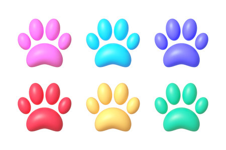 Paw 3d set on white background. Dog, puppy, cat, bear, wolf silhouette. Vector isolated illustrationのイラスト素材