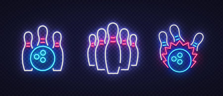 Bowling neon icon set on light background. Vector illustrationのイラスト素材