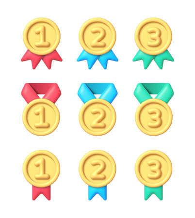 Collection with gold medal 3d. A set of medals for first, second and third place. 3d render cartoon vector illustrationのイラスト素材